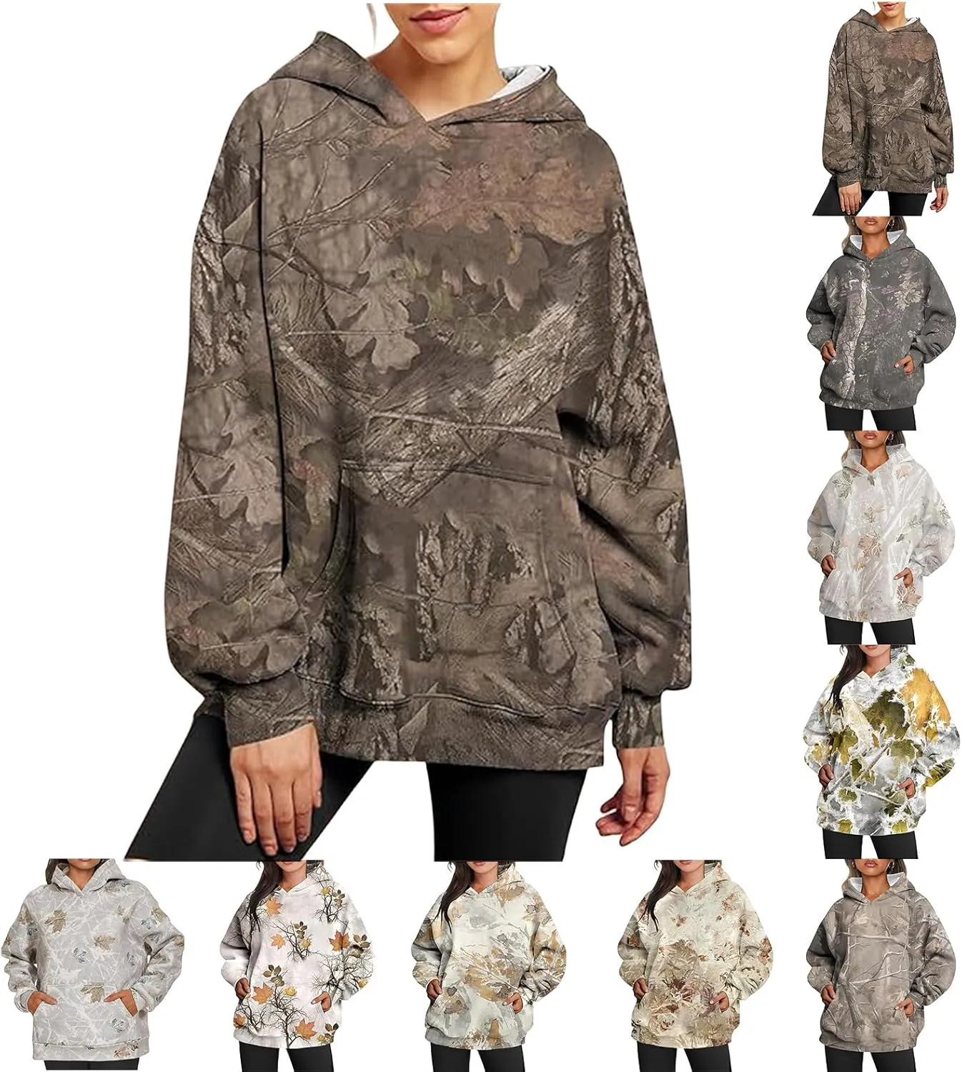 Womens Camo Hoodie Oversized Hooded Sweatshirt Long Sleeve Sweatshirts Leaf Print Hoodie Casual Pullover