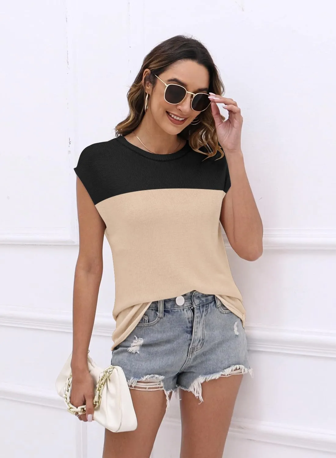 Womens Cap Sleeve Sweater Vest Summer Tops Sleeveless Tank 2025 Trendy Spring Clothes Striped Short Sleeve Shirts
