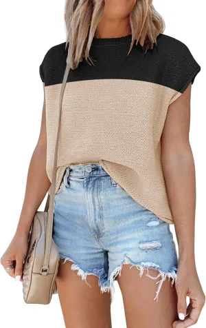 Womens Cap Sleeve Sweater Vest Summer Tops Sleeveless Tank 2025 Trendy Spring Clothes Striped Short Sleeve Shirts