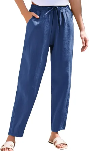 Womens Casual Cotton Linen Pants 2025 Summer High Waist Wide Leg Trousers Relax Fit Comfy Beach Pants with Pockets