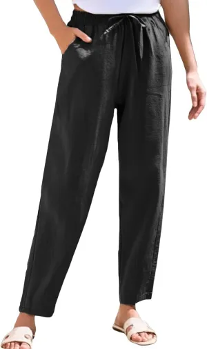 Womens Casual Cotton Linen Pants 2025 Summer High Waist Wide Leg Trousers Relax Fit Comfy Beach Pants with Pockets