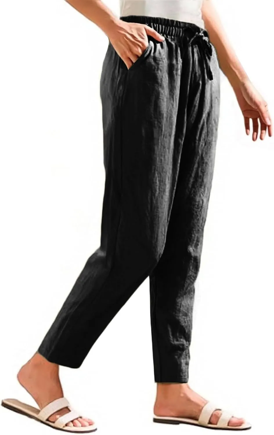 Womens Casual Cotton Linen Pants 2025 Summer High Waist Wide Leg Trousers Relax Fit Comfy Beach Pants with Pockets