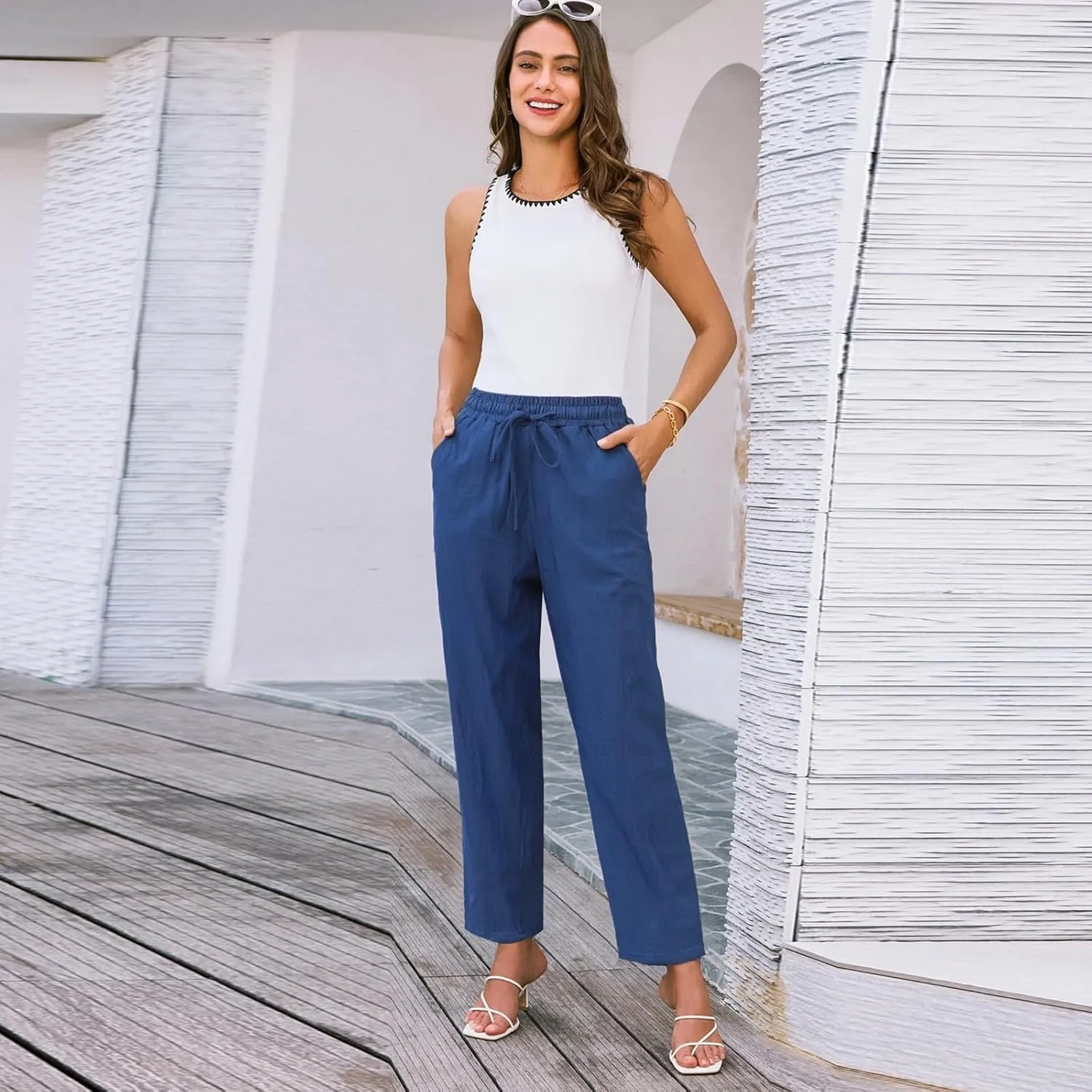 Womens Casual Cotton Linen Pants 2025 Summer High Waist Wide Leg Trousers Relax Fit Comfy Beach Pants with Pockets