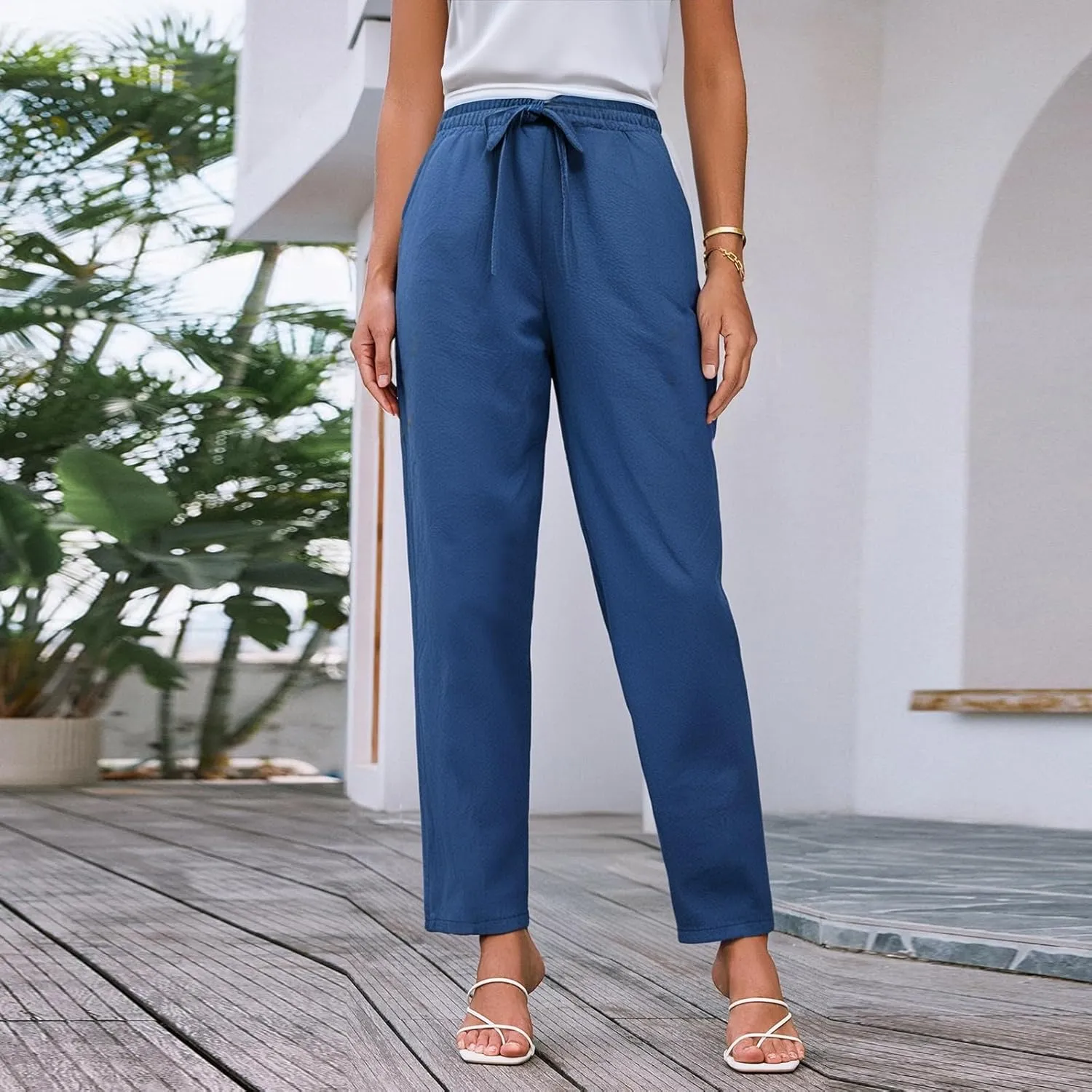 Womens Casual Cotton Linen Pants 2025 Summer High Waist Wide Leg Trousers Relax Fit Comfy Beach Pants with Pockets