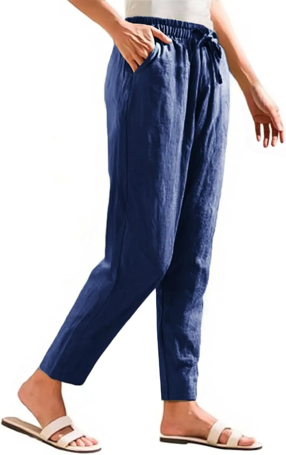 Womens Casual Cotton Linen Pants 2025 Summer High Waist Wide Leg Trousers Relax Fit Comfy Beach Pants with Pockets