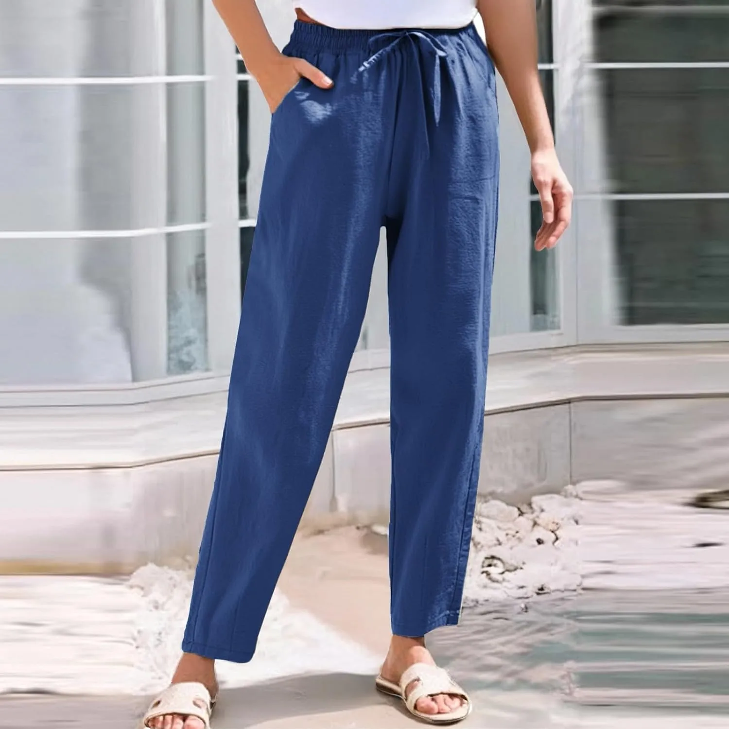 Womens Casual Cotton Linen Pants 2025 Summer High Waist Wide Leg Trousers Relax Fit Comfy Beach Pants with Pockets