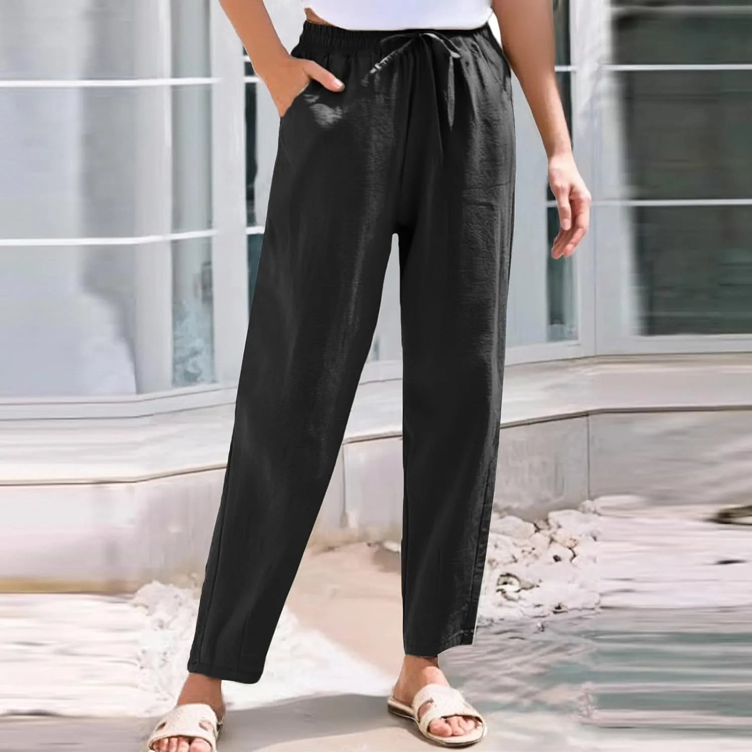 Womens Casual Cotton Linen Pants 2025 Summer High Waist Wide Leg Trousers Relax Fit Comfy Beach Pants with Pockets
