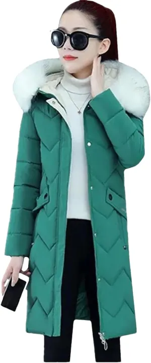 Women's Casual Down Jacket Hooded Warm Parker Coat with Hood and Pile Collar Cotton-Padded Parka