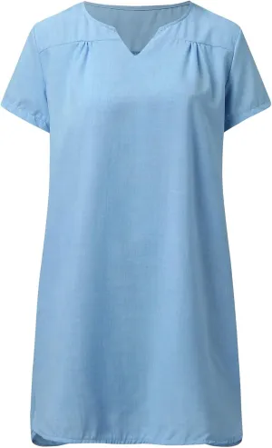 Womens Casual V Neck Cotton Linen Dress Summer Short Sleeve Knee Length Shirt Dress Midi Work Tunic Sundresses