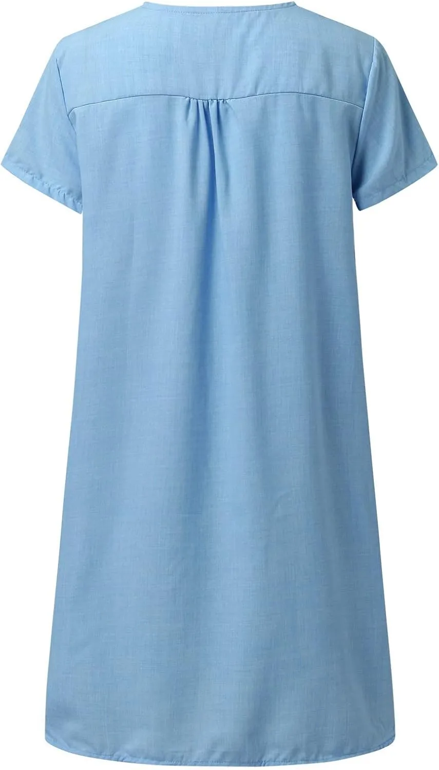 Womens Casual V Neck Cotton Linen Dress Summer Short Sleeve Knee Length Shirt Dress Midi Work Tunic Sundresses