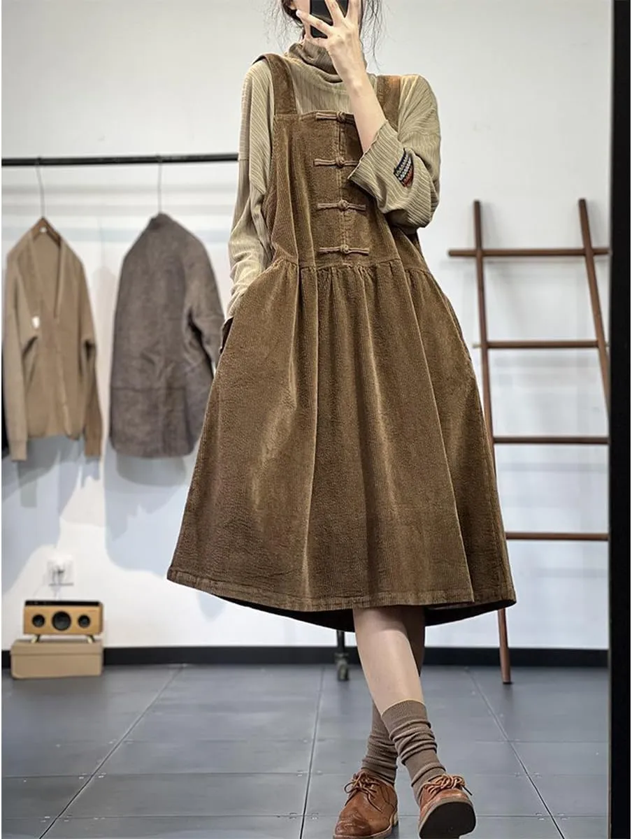 Women's Corduroy Sleeveless Plus Size Overall Dress A Line Skirtall Jumper Midi Babydoll Tank Dress with Pockets