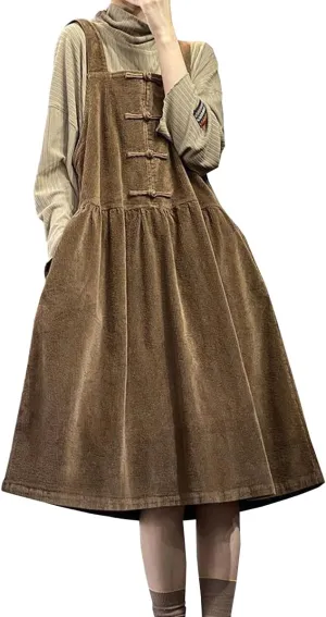 Women's Corduroy Sleeveless Plus Size Overall Dress A Line Skirtall Jumper Midi Babydoll Tank Dress with Pockets