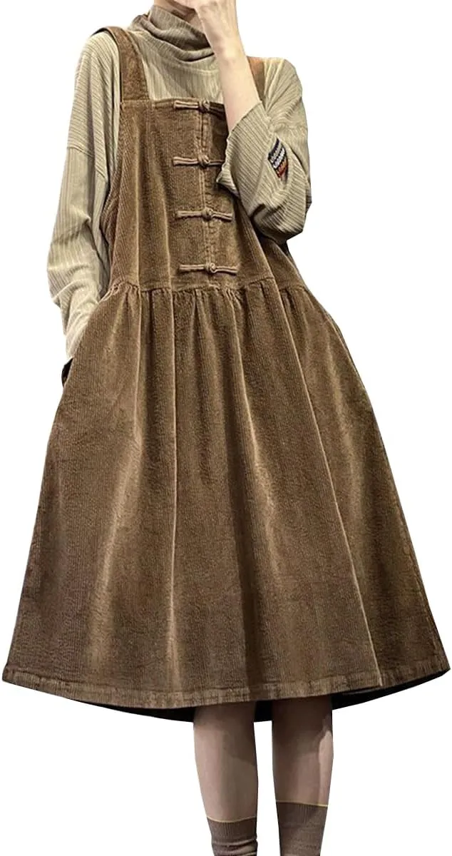 Women's Corduroy Sleeveless Plus Size Overall Dress A Line Skirtall Jumper Midi Babydoll Tank Dress with Pockets