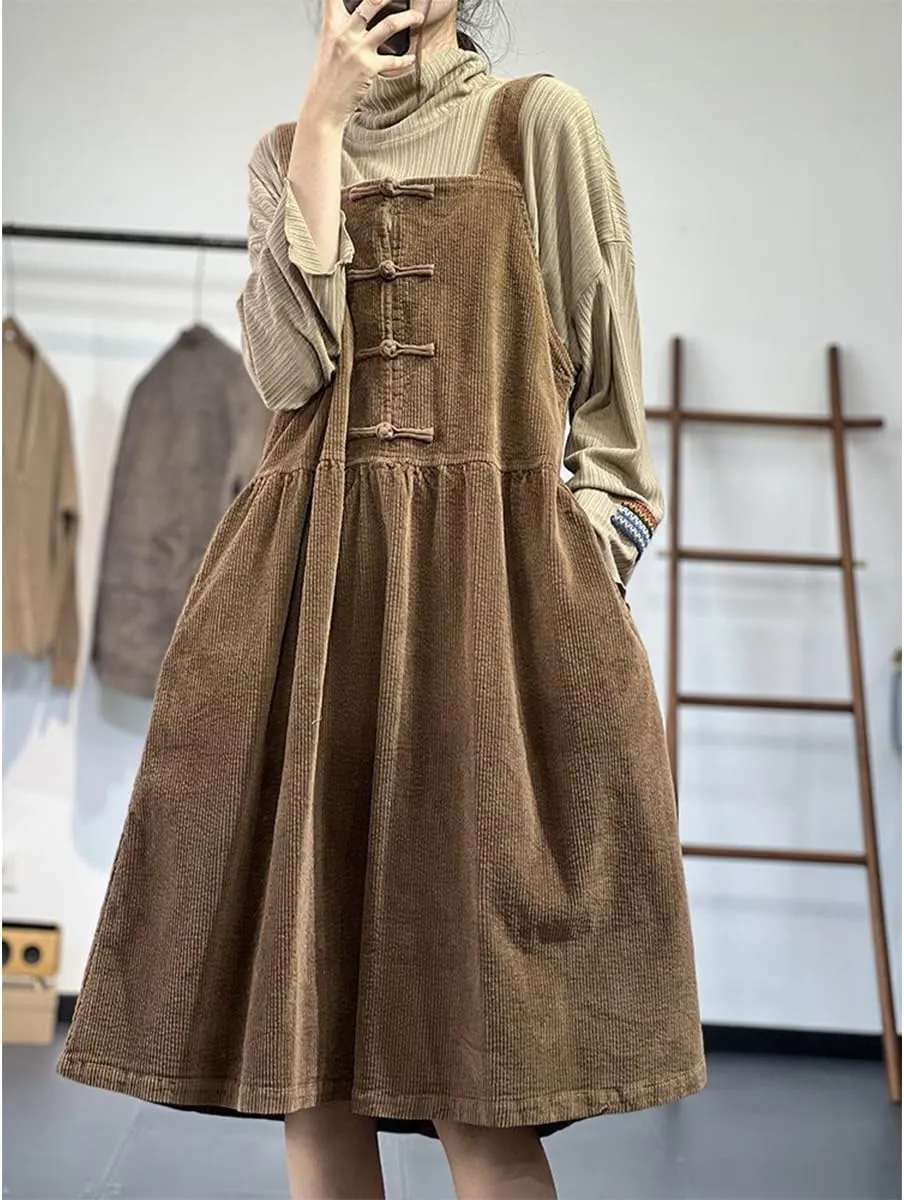 Women's Corduroy Sleeveless Plus Size Overall Dress A Line Skirtall Jumper Midi Babydoll Tank Dress with Pockets