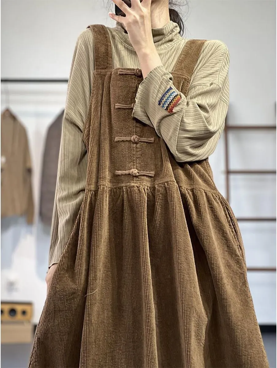 Women's Corduroy Sleeveless Plus Size Overall Dress A Line Skirtall Jumper Midi Babydoll Tank Dress with Pockets