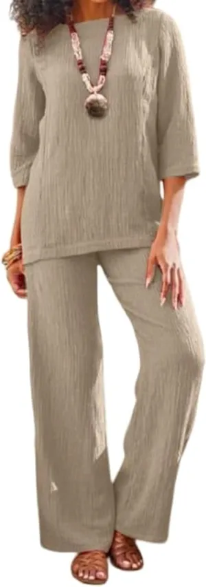 Women's Cotton and Linen Solid Color Suit 2-Piece Vintage 3/4 Sleeve top Wide Leg Pants Casual Suit with Pockets