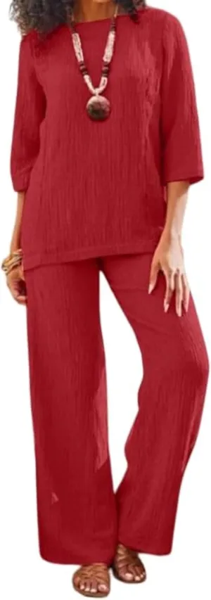 Women's Cotton and Linen Solid Color Suit 2-Piece Vintage 3/4 Sleeve top Wide Leg Pants Casual Suit with Pockets