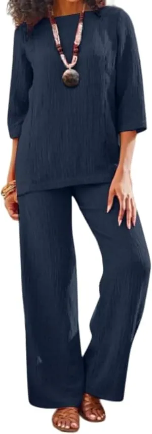 Women's Cotton and Linen Solid Color Suit 2-Piece Vintage 3/4 Sleeve top Wide Leg Pants Casual Suit with Pockets