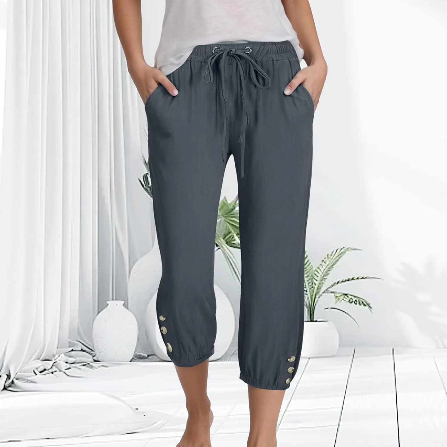 Women's Cotton Linen Capris Pants Elastic Drawstring Casual Summer Plus Size Wide Leg Waist Cropped Trouser