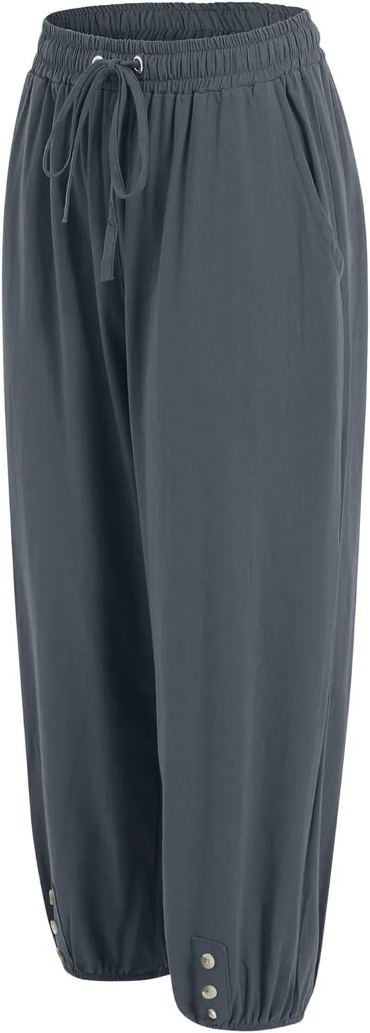 Women's Cotton Linen Capris Pants Elastic Drawstring Casual Summer Plus Size Wide Leg Waist Cropped Trouser