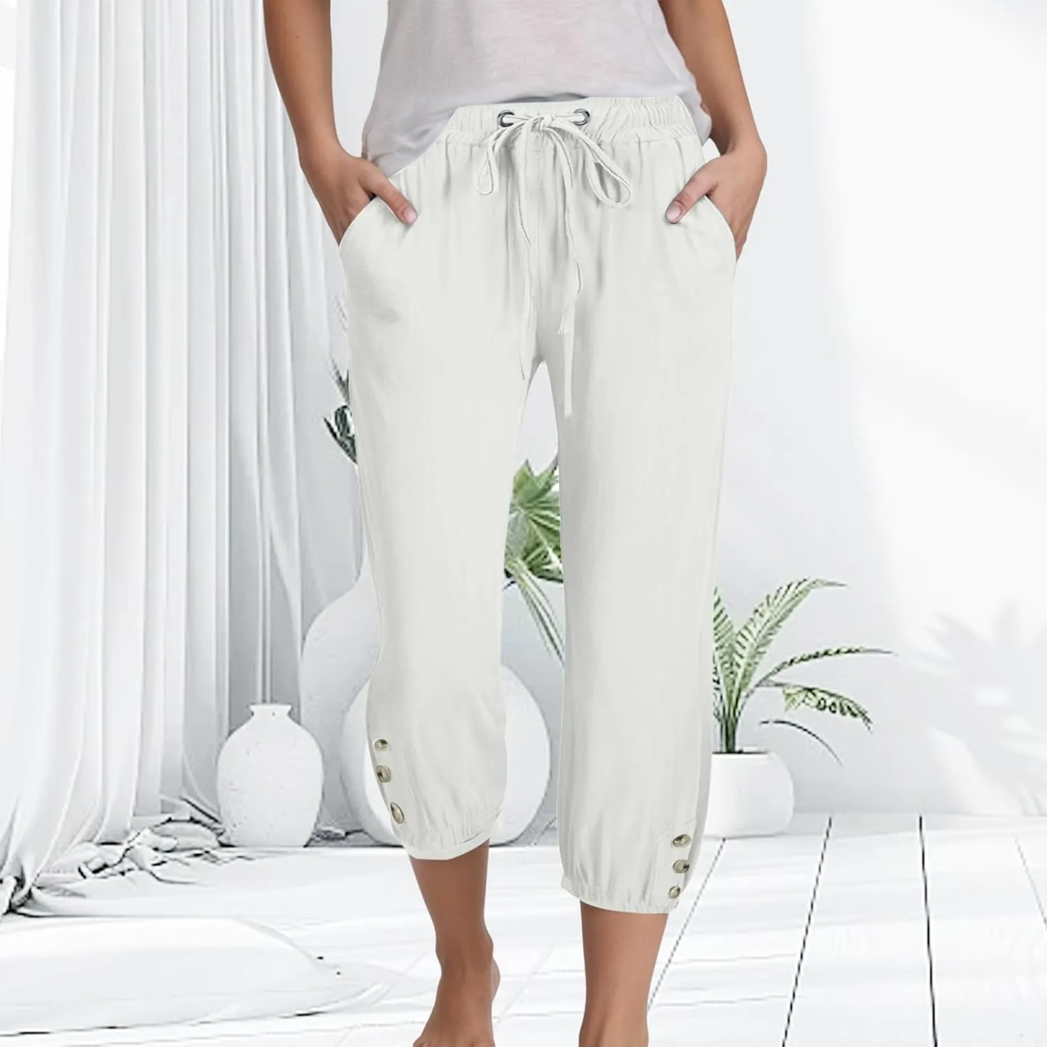 Women's Cotton Linen Capris Pants Elastic Drawstring Casual Summer Plus Size Wide Leg Waist Cropped Trouser