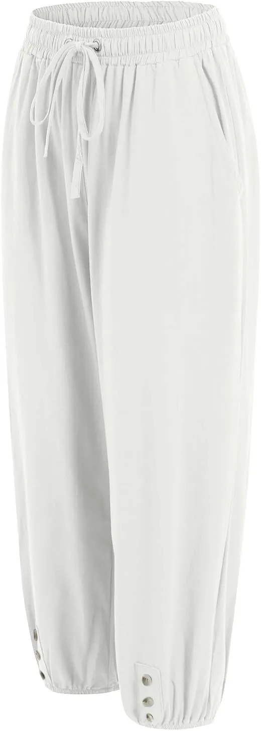 Women's Cotton Linen Capris Pants Elastic Drawstring Casual Summer Plus Size Wide Leg Waist Cropped Trouser