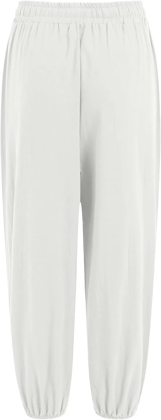 Women's Cotton Linen Capris Pants Elastic Drawstring Casual Summer Plus Size Wide Leg Waist Cropped Trouser