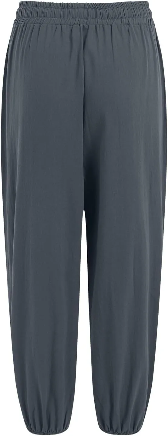 Women's Cotton Linen Capris Pants Elastic Drawstring Casual Summer Plus Size Wide Leg Waist Cropped Trouser