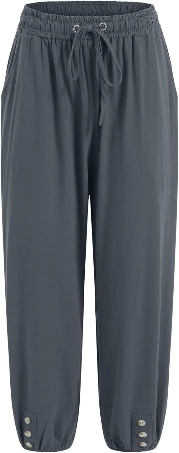 Women's Cotton Linen Capris Pants Elastic Drawstring Casual Summer Plus Size Wide Leg Waist Cropped Trouser