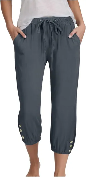 Women's Cotton Linen Capris Pants Elastic Drawstring Casual Summer Plus Size Wide Leg Waist Cropped Trouser