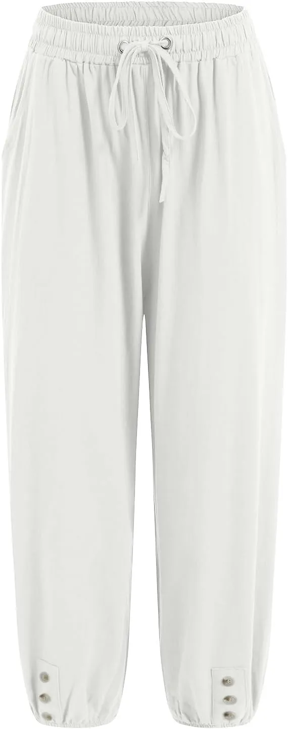 Women's Cotton Linen Capris Pants Elastic Drawstring Casual Summer Plus Size Wide Leg Waist Cropped Trouser