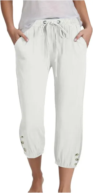 Women's Cotton Linen Capris Pants Elastic Drawstring Casual Summer Plus Size Wide Leg Waist Cropped Trouser