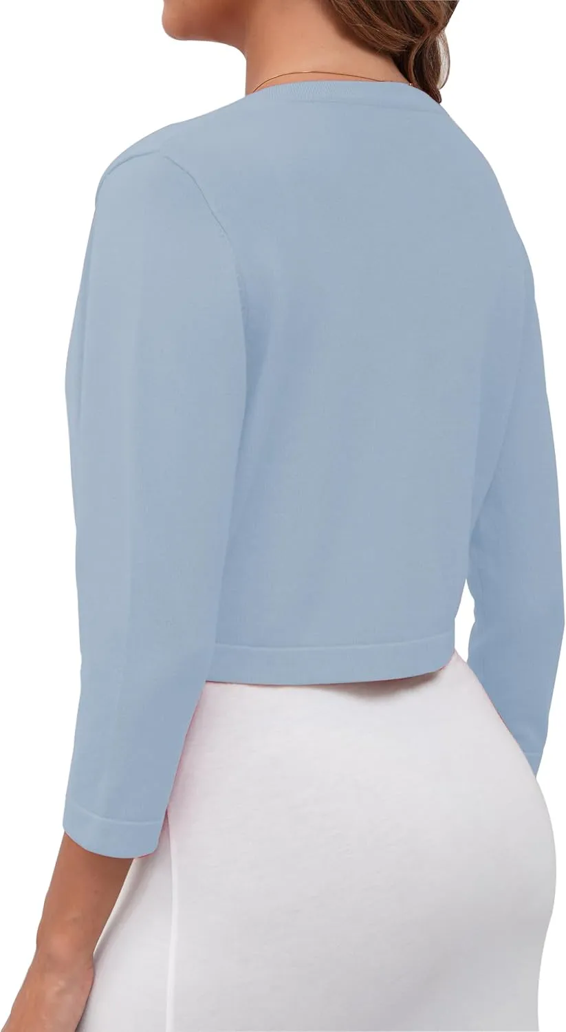 Women's Cropped Cardigans Sweaters 3/4 Sleeve Crewneck Open Front Bolero Shrugs for Women, S-XL