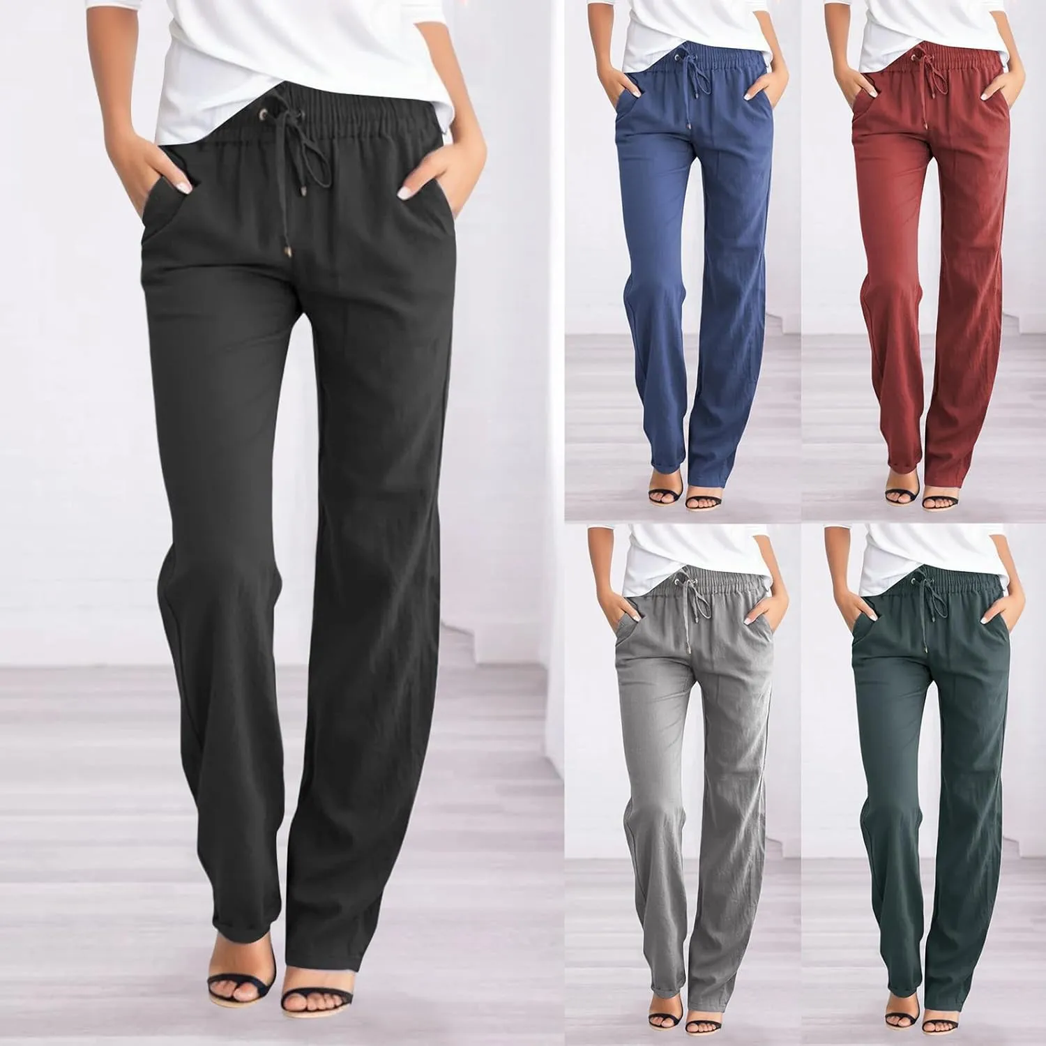 Womens Drawstring Elastic Waist Pants Linen Cotton Casual Trousers 2024 Summer Straight Leg Baggy Solid Pants with Pockets