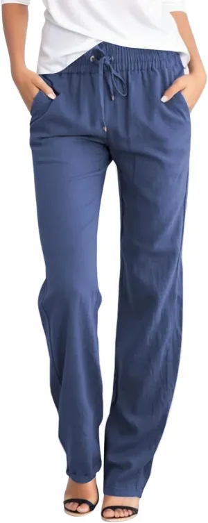 Womens Drawstring Elastic Waist Pants Linen Cotton Casual Trousers 2024 Summer Straight Leg Baggy Solid Pants with Pockets