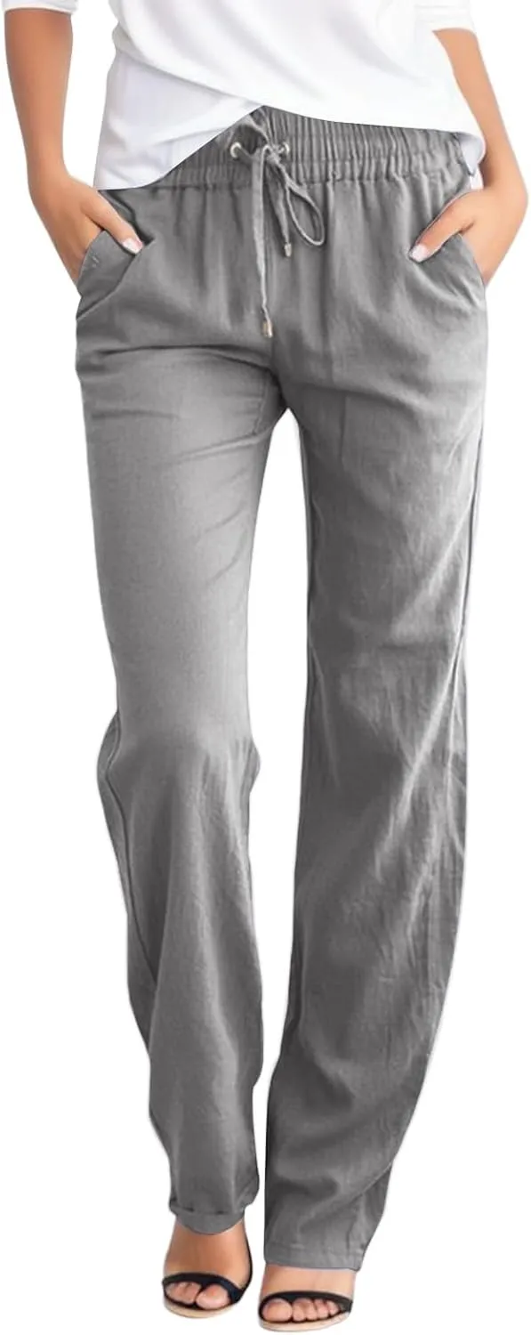 Womens Drawstring Elastic Waist Pants Linen Cotton Casual Trousers 2024 Summer Straight Leg Baggy Solid Pants with Pockets