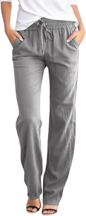 Womens Drawstring Elastic Waist Pants Linen Cotton Casual Trousers 2024 Summer Straight Leg Baggy Solid Pants with Pockets
