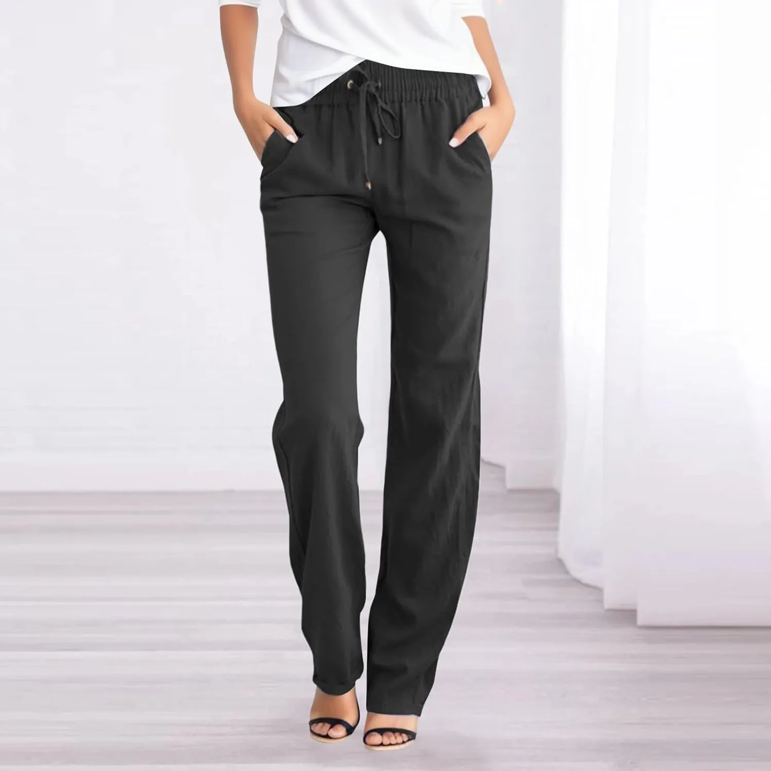 Womens Drawstring Elastic Waist Pants Linen Cotton Casual Trousers 2024 Summer Straight Leg Baggy Solid Pants with Pockets