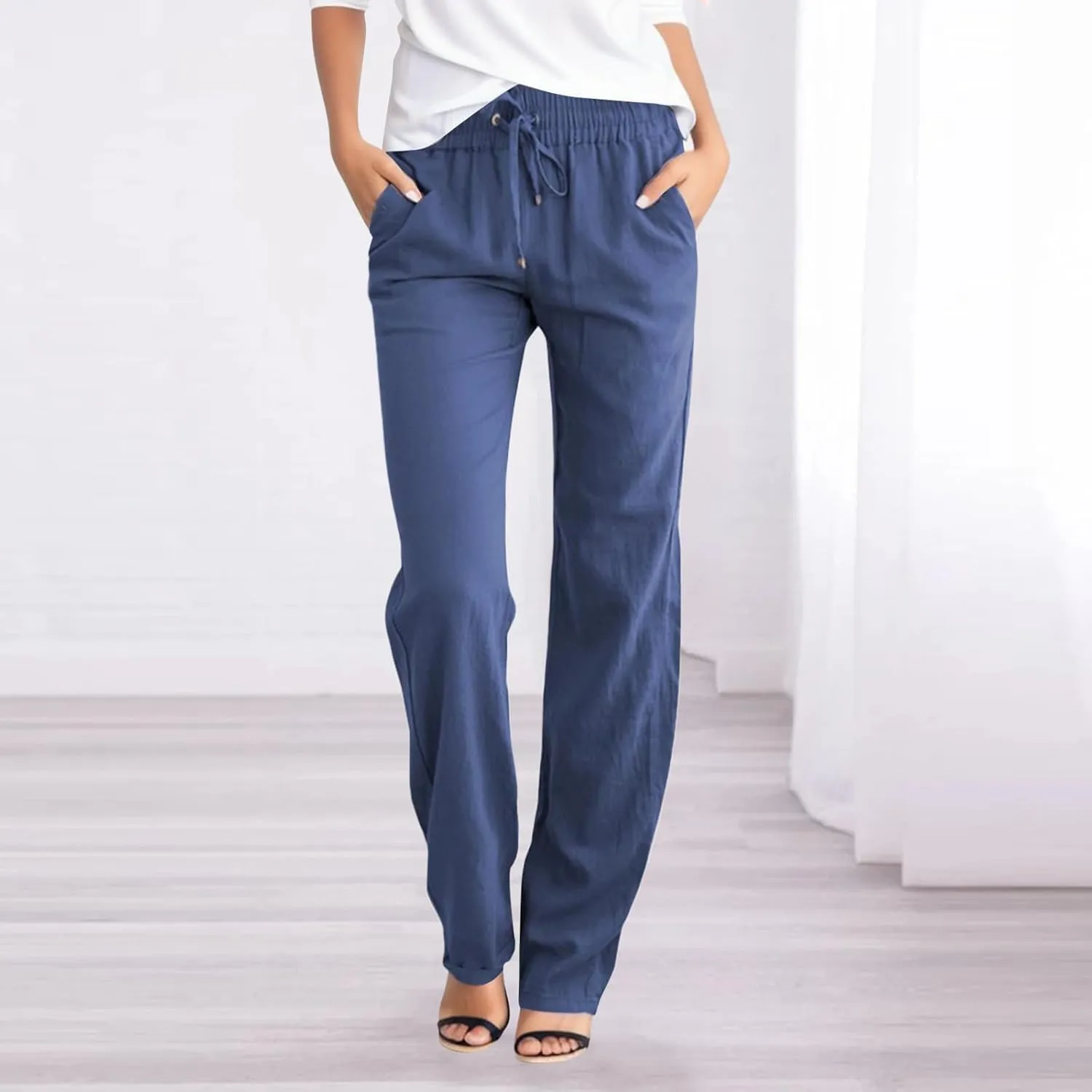 Womens Drawstring Elastic Waist Pants Linen Cotton Casual Trousers 2024 Summer Straight Leg Baggy Solid Pants with Pockets