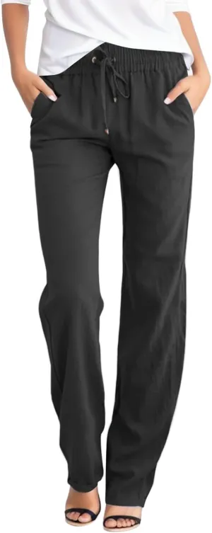 Womens Drawstring Elastic Waist Pants Linen Cotton Casual Trousers 2024 Summer Straight Leg Baggy Solid Pants with Pockets