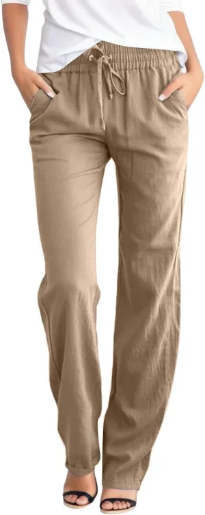 Womens Drawstring Elastic Waist Pants Linen Cotton Casual Trousers 2024 Summer Straight Leg Baggy Solid Pants with Pockets