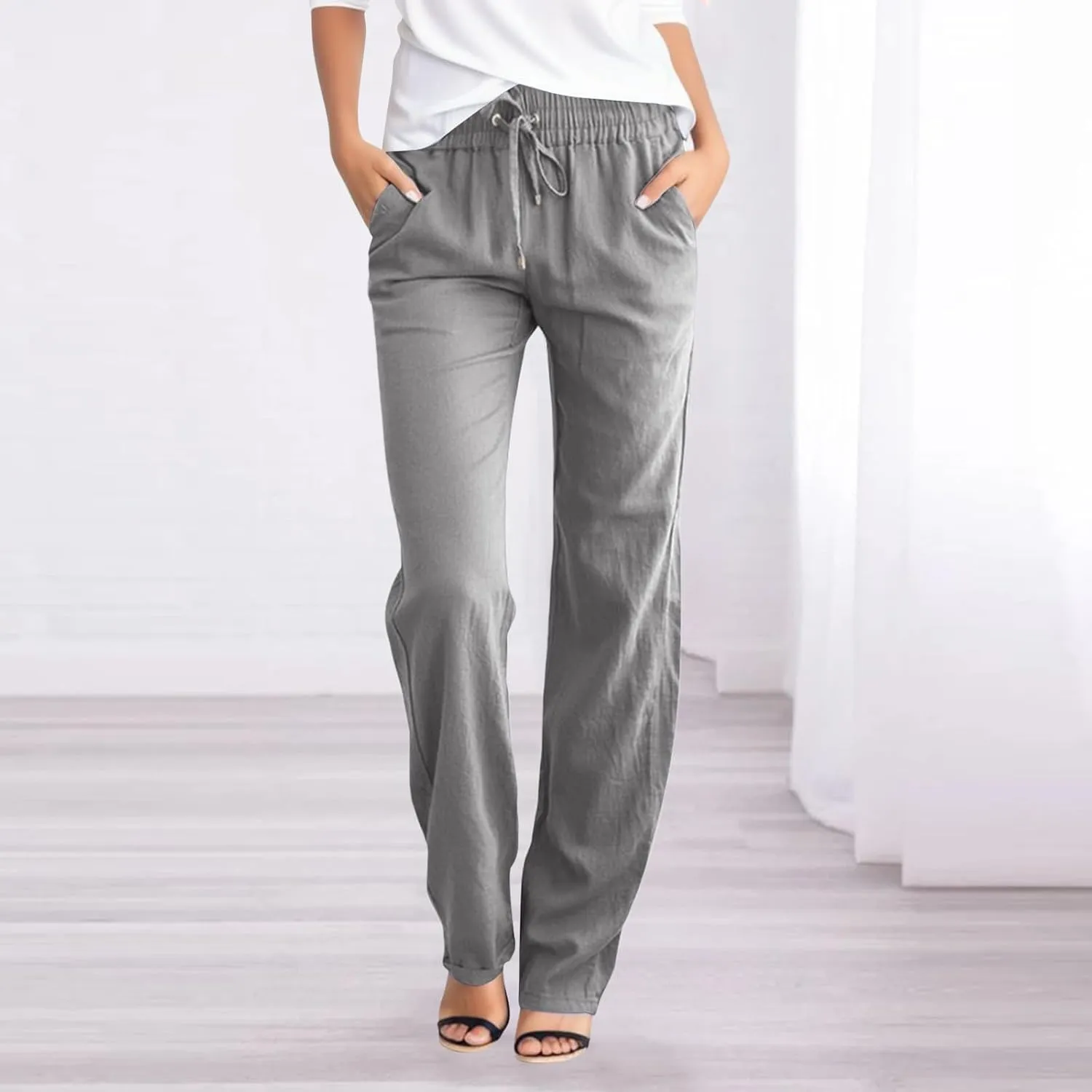 Womens Drawstring Elastic Waist Pants Linen Cotton Casual Trousers 2024 Summer Straight Leg Baggy Solid Pants with Pockets