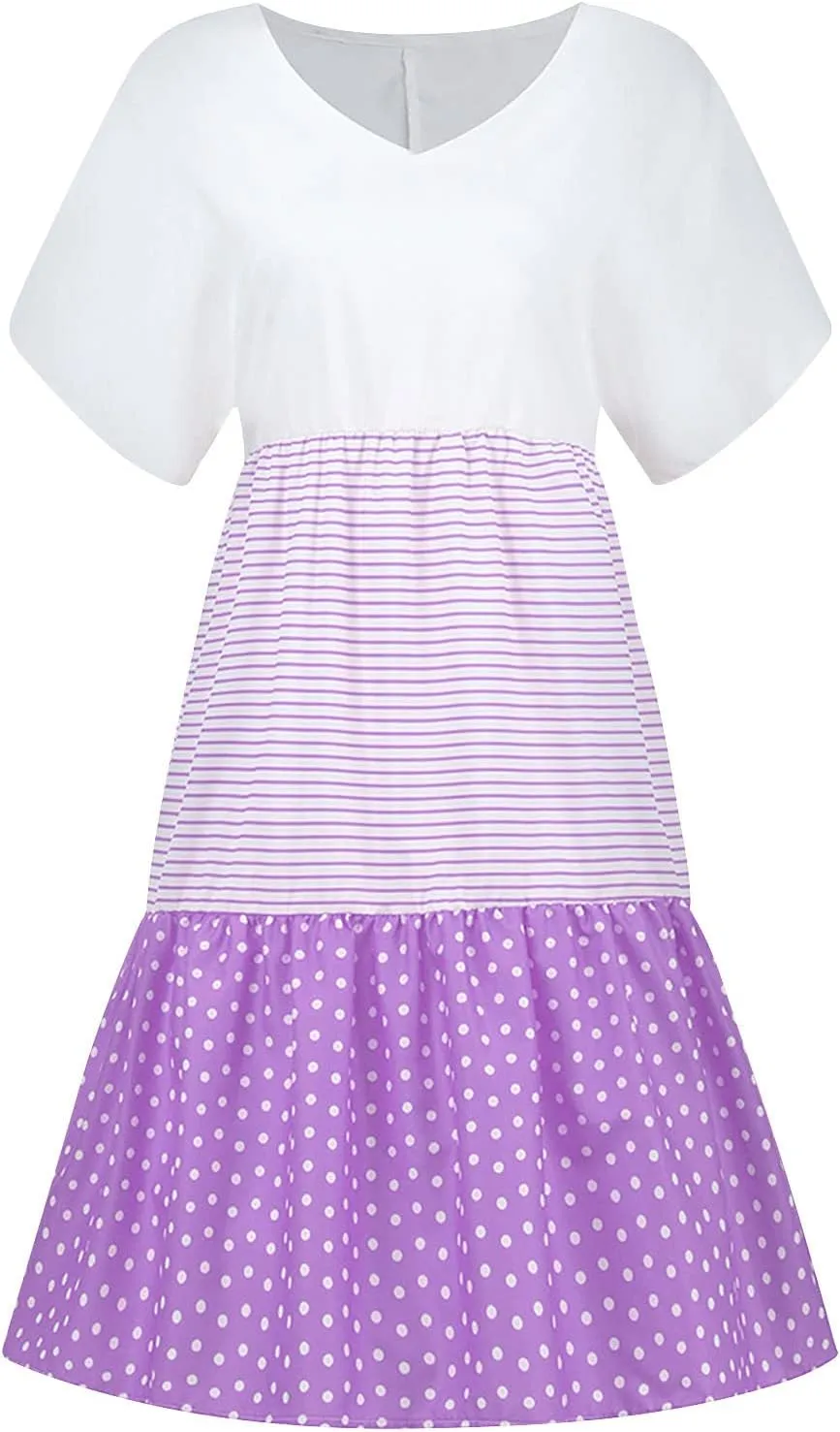 Womens Dresses Short Sleeve Casual Trendy Grahpic Design Sundress Loose V Neck Vacation Short Dresses