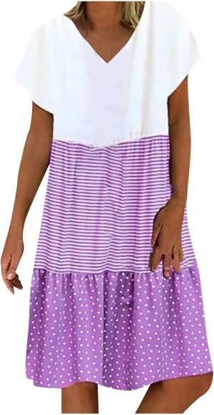 Womens Dresses Short Sleeve Casual Trendy Grahpic Design Sundress Loose V Neck Vacation Short Dresses