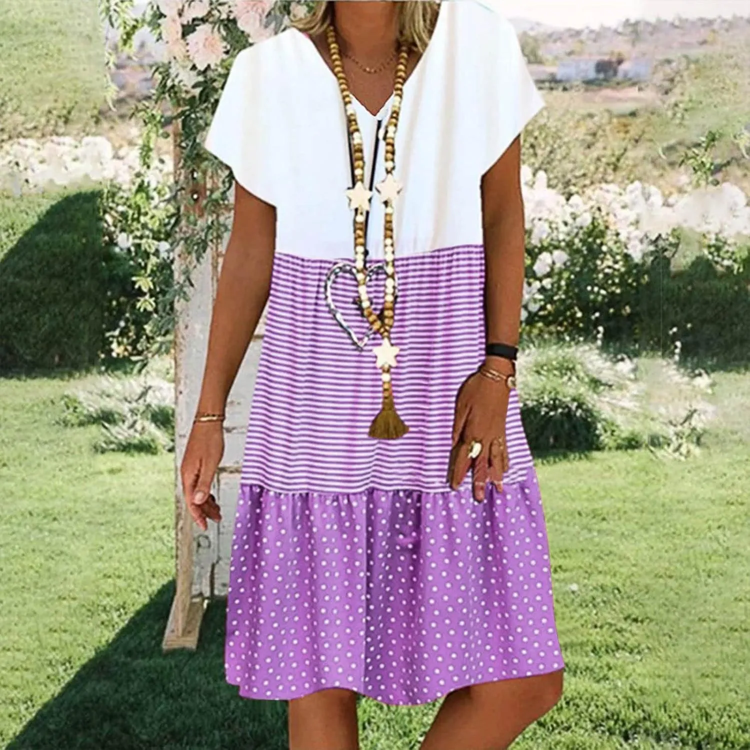 Womens Dresses Short Sleeve Casual Trendy Grahpic Design Sundress Loose V Neck Vacation Short Dresses