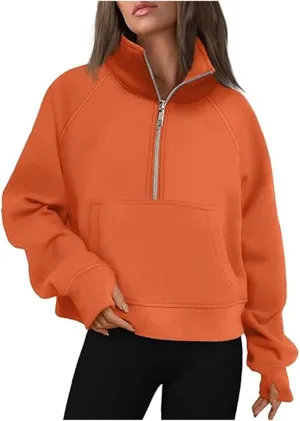 Women's Fashion Casual Half Zipper Short Stand Collar Plus Fleece Solid Color Hoodie Ladies Sweatsuits