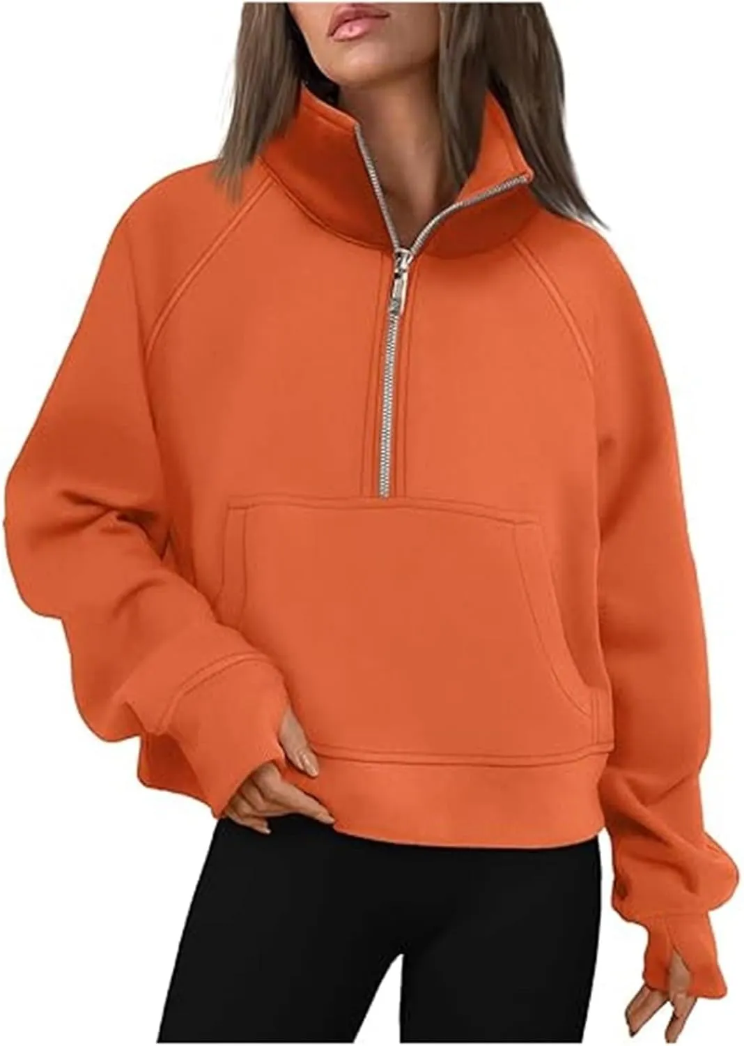 Women's Fashion Casual Half Zipper Short Stand Collar Plus Fleece Solid Color Hoodie Ladies Sweatsuits