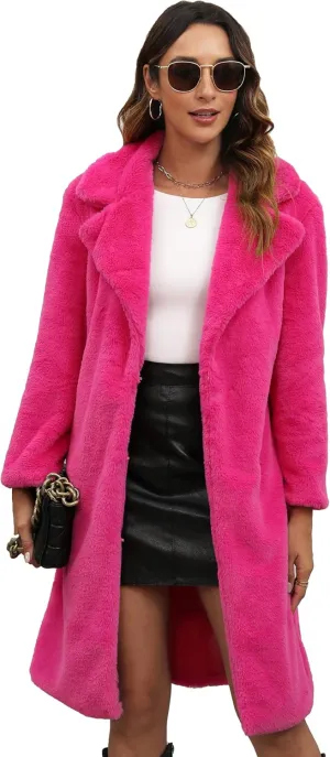 Women's Faux Fur Coat Teddy Fuzzy Fleece Open Front Cardigan Elegant Lapel Collar Long Sleeve Longline Loose Jacket