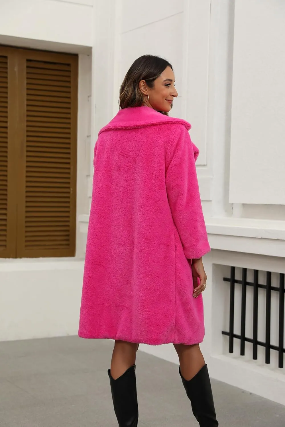 Women's Faux Fur Coat Teddy Fuzzy Fleece Open Front Cardigan Elegant Lapel Collar Long Sleeve Longline Loose Jacket