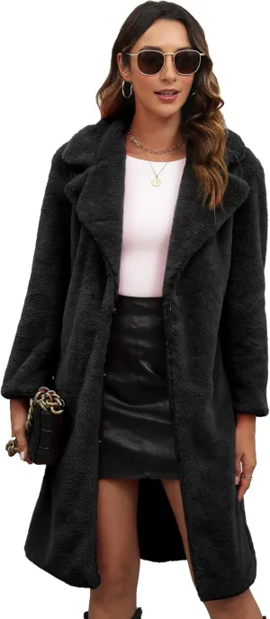 Women's Faux Fur Coat Teddy Fuzzy Fleece Open Front Cardigan Elegant Lapel Collar Long Sleeve Longline Loose Jacket